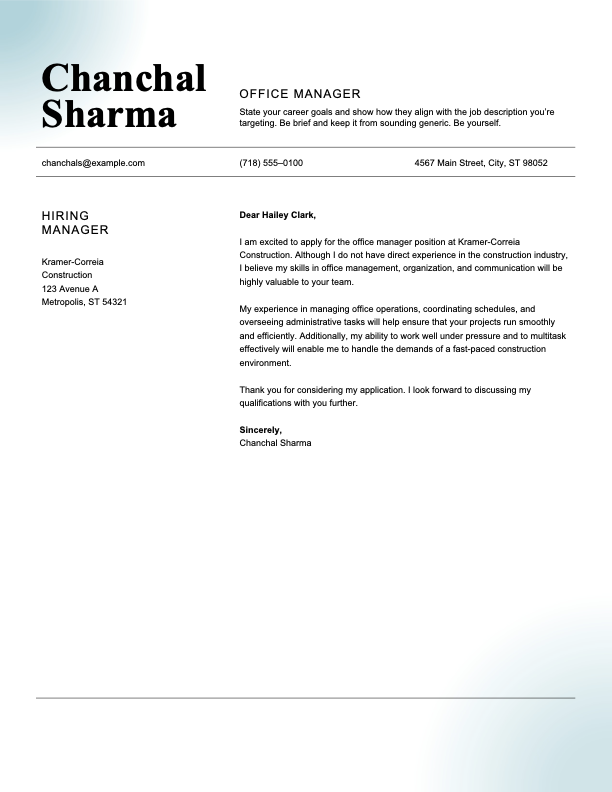Classic office manager cover letter